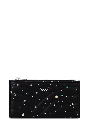 Black leather wallet with quilted design, featuring colorful polka dots in pink, blue, and yellow. Silver logo accent and zip closure.