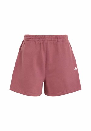 Dusty rose-colored cotton shorts with elastic waistband, side pockets, and small white Adidas trefoil logo on left leg.