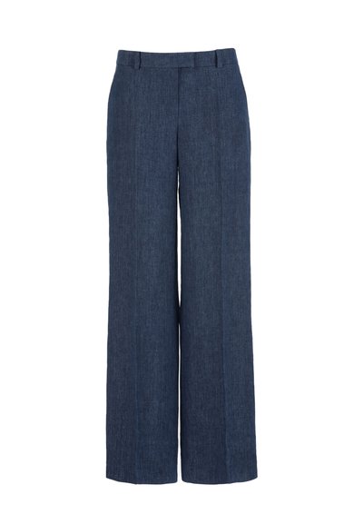 Dark blue wide-leg trousers with belt loops, front crease lines, and a high waist.