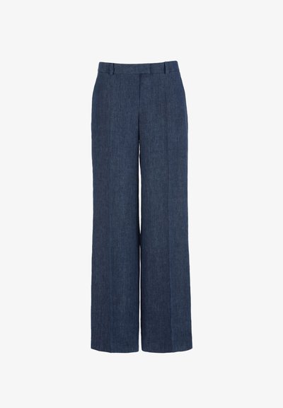 Dark blue wide-leg trousers with belt loops, front crease lines, and a high waist.