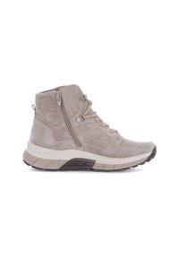 Bottines en suède gris avec un col rembourré, des lacets à l'avant et une fermeture éclair sur le côté. Elles sont dotées d'une semelle en caoutchouc texturée et d'une intermédiaire de couleur neutre contrastante.