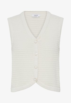 Valge kudumata varrukateta vest V-kaelusega, mille ees on neli valget nuppu ja tekstureeritud silmusmustritega.