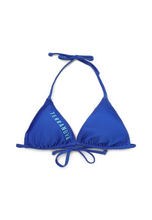 Top bikini triangolare blu con collo halter e lacci sul retro, con la parola "TERRANOVA" stampata sulla coppa sinistra.