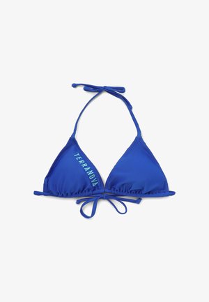 Top bikini triangolare blu con collo halter e lacci sul retro, con la parola "TERRANOVA" stampata sulla coppa sinistra.