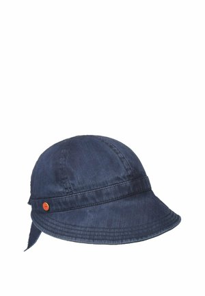 Navy blue cotton bucket hat with a narrow brim, stitched band detail, and small round orange logo on the side.