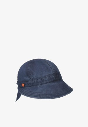 Navy blue cotton bucket hat with a narrow brim, stitched band detail, and small round orange logo on the side.