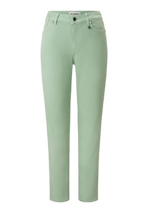 Light green jeans made of denim with a tapered fit, featuring a zip fly, front pockets, and subtle stitching details.