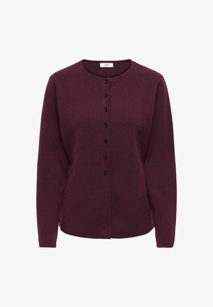 Cardigan lungo a maniche lunghe di un viola scuro con scollatura rotonda e sette bottoni neri sul davanti, esposto su uno sfondo bianco.