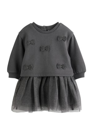 Dark gray toddler dress with long sleeves, glittery bow appliques on top, and a sparkly tulle skirt overlay.
