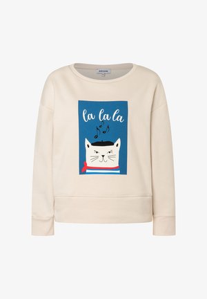 Beiger Sweatshirt mit einem blauen Quadrat, das eine weiße Katze mit einer schwarzen Baskenmütze und einem roten Schal zeigt, umgeben von Noten und dem Text "la la la" darüber.