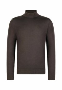 Brązowy golf wykonany z miękkiej tkaniny, z długimi rękawami, ściągaczami na mankietach i dopasowanym krojem. Brak widocznych wzorów czy ozdób.