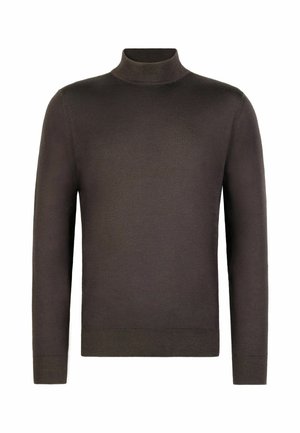 Brun polotröja i mjukt tyg med långa ärmar, ribbade muddar och en figurnära silhuett. Inga mönster eller detaljer syns.