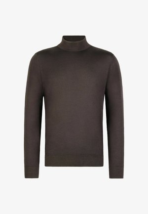 Brun polotröja i mjukt tyg med långa ärmar, ribbade muddar och en figurnära silhuett. Inga mönster eller detaljer syns.