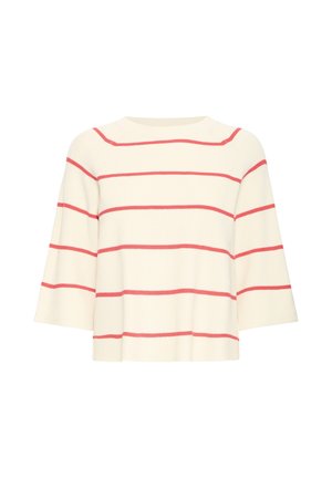Svetrový sveter krémovej farby s širokými rukávmi a tenkými horizontálnymi červenými pruhmi cez telo a rukávy na bielom pozadí.