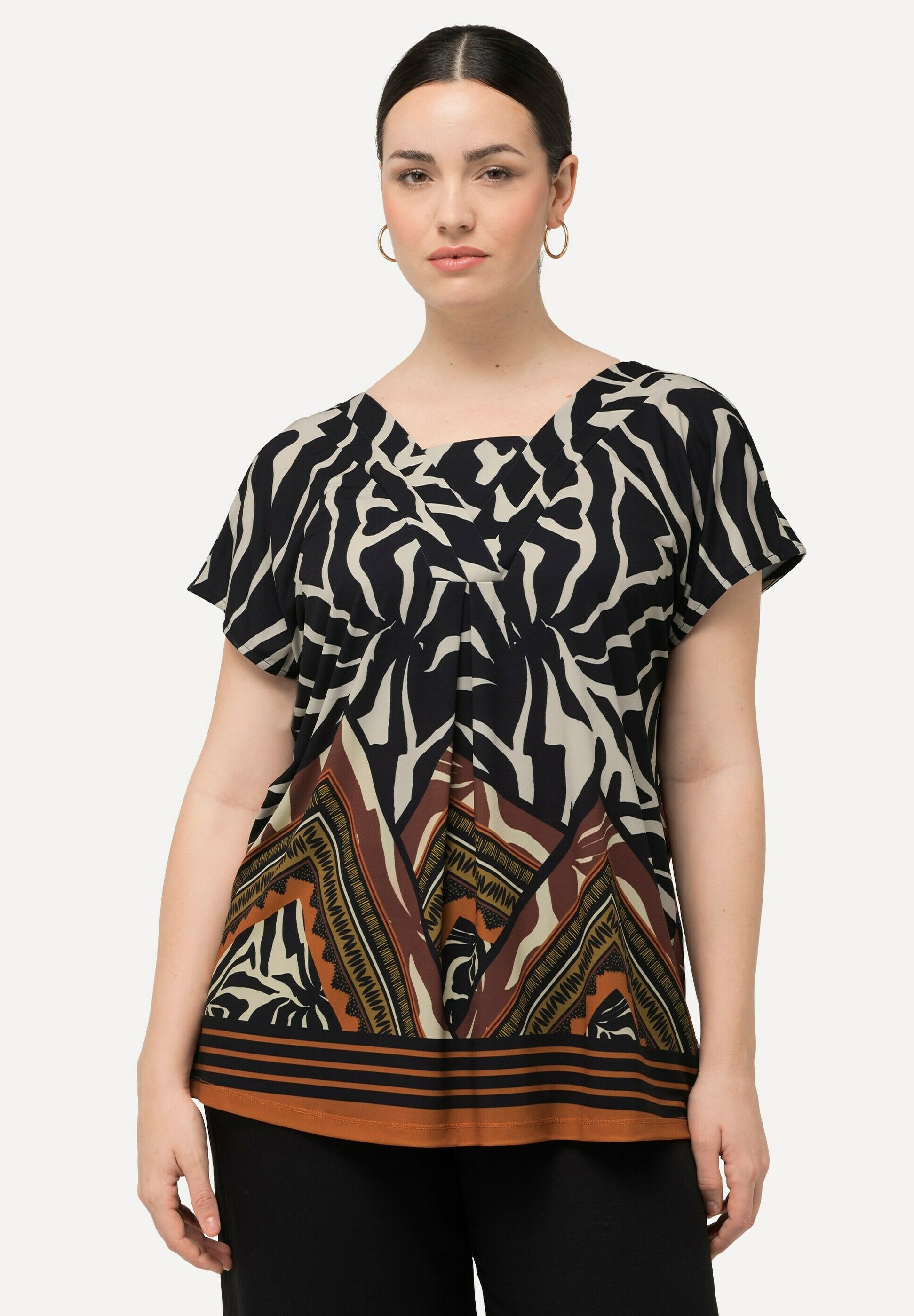 Ulla Popken T-Shirt Donna In Cotone Biologico – Stampa Pure Pesci, Oversize Con Spalle Incrociate