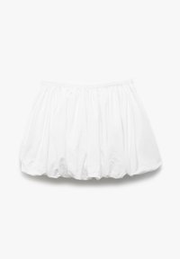 Hvid bomuldsnederdel med en samlet tekstur og elastisk talje, der har et kort, voluminøst design og et glat, let stof.