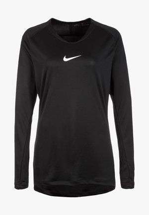 Schwarzes Langarm-Sportshirt aus feuchtigkeitsableitendem Stoff, mit Rundhalsausschnitt und einem weißen Nike-Logo auf der Brust.
