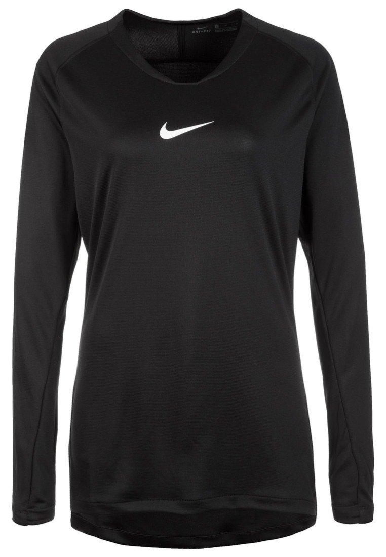 Schwarzes Langarm-Sportshirt aus feuchtigkeitsableitendem Stoff, mit Rundhalsausschnitt und einem weißen Nike-Logo auf der Brust.