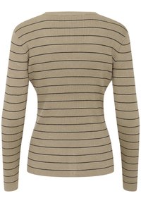 Beige long-sleeve sweater featuring narrow black horizontal stripes. Made of ribbed knit fabric with a rounded neckline and fitted silhouette.