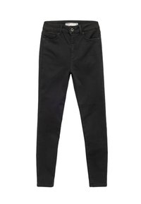 Jeans slim fit en algodón con mezcla, que cuentan con cinco bolsillos, cierre de botón frontal y un diseño minimalista con una ligera textura.