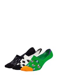 Vier paar enkelsokken: zwart met geometrisch patroon, wit met zwarte diamanten, groen met kleurrijke vissenprint, en oranje-toppen.