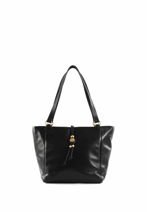 Sac à bandoulière en cuir noir avec des accents de perles dorées et doubles sangles, avec un détail central à cordon de serrage.