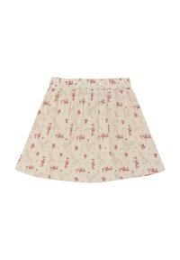Helle Blumenhose mit einem cremefarbenen Hintergrund, der kleine rosa und grüne Blumen zeigt. Mit Gummibund und gefälteltem Design. Weicher Stoffeindruck.