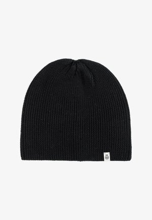 Black knitted beanie with ribbed texture, rounded crown, and a small white fabric tag on the side. Stretchable material for comfort.