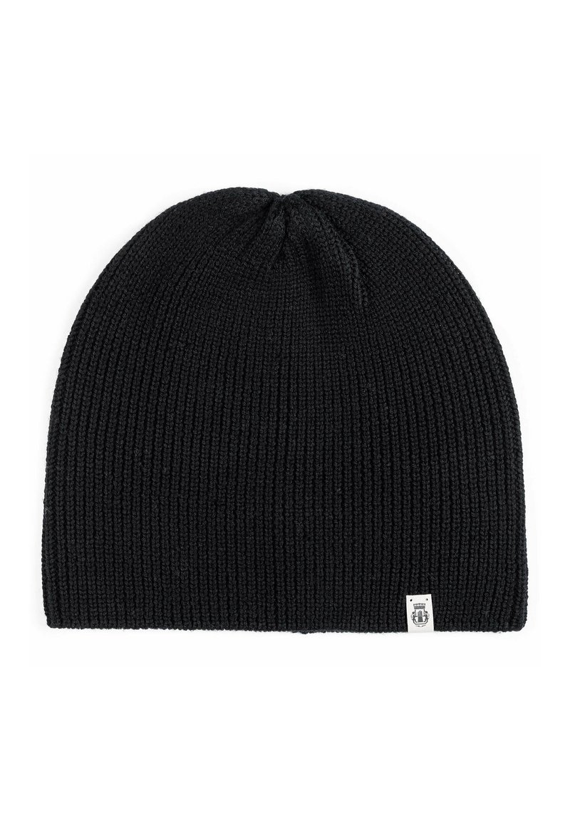 Black knitted beanie with ribbed texture, rounded crown, and a small white fabric tag on the side. Stretchable material for comfort.