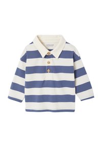 Gestreiftes Langarm-Polohemd in Weiß und Marineblau, mit Kragen und drei Knöpfen. Aus weichem Baumwollstoff.