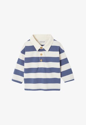 Gestreiftes Langarm-Polohemd in Weiß und Marineblau, mit Kragen und drei Knöpfen. Aus weichem Baumwollstoff.