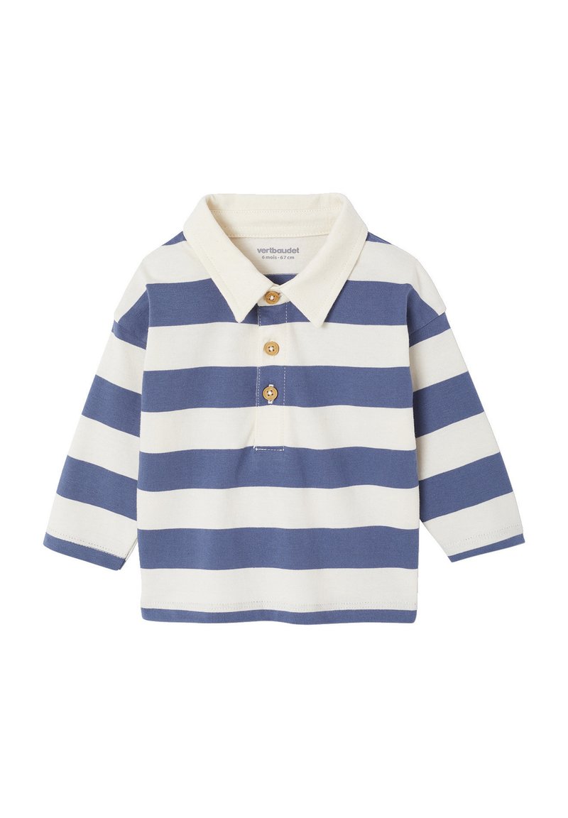 Gestreiftes Langarm-Polohemd in Weiß und Marineblau, mit Kragen und drei Knöpfen. Aus weichem Baumwollstoff.