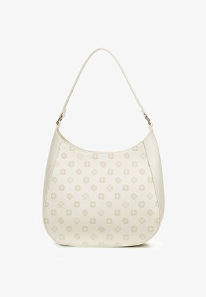 Lichtbeige handtas met een hobo-vorm, textuurmateriaal, decoratieve reliëfpatronen en een enkele schouderriem.