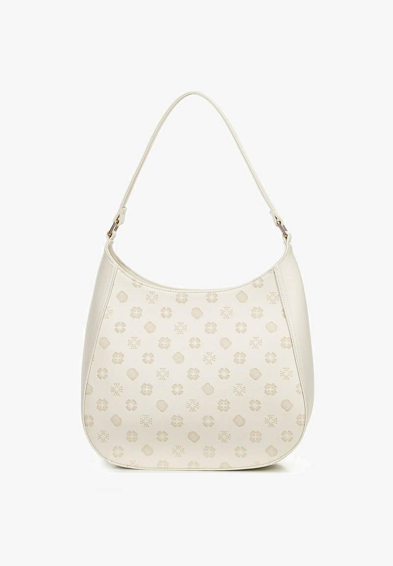 Jasno beżowa torebka w kształcie hobo, z teksturowanego materiału, ozdobnymi wytłoczonymi wzorami oraz jednym paskiem na ramię.