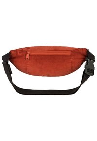 RoteCord-Stoff-Bauchtasche mit einem schwarzen verstellbaren Gurt, ausgestattet mit einer vorderen Reißverschlusstasche und strukturiertem geripptem Stoff.