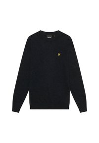 Maglione blu navy realizzato in morbido tessuto con scollatura a girocollo e maniche lunghe. Presenta un piccolo logo giallo sul petto.