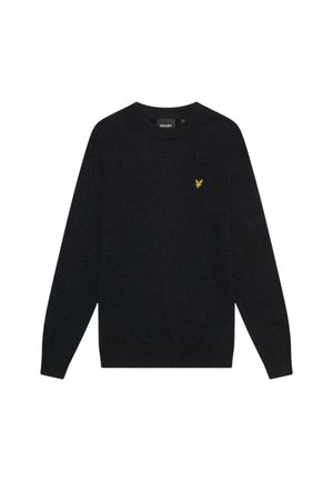 Mørkeblå sweater lavet af blødt stof med rund hals og lange ærmer. Har et lille gult logo på brystet.