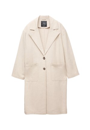 Beige linen coat with a loose fit, shoulder seam detailing, two front pockets, and a single-button closure. Features a classic notch collar.