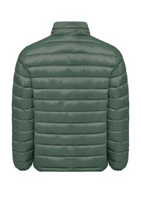 Chaqueta acolchada verde con un alto cuello, que presenta secciones acolchadas horizontales, textura suave y un diseño aerodinámico.