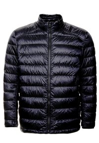 Granatowa pikowana kurtka z mi�ękką teksturą, kołnierzem stojącym i pełnym zamkiem błyskawicznym. Lekki materiał o gładkiej, błyszczącej powierzchni.