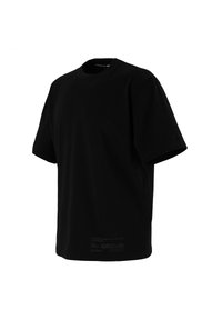 Black short-sleeve t-shirt made of soft fabric, featuring a round neck, relaxed fit, and a logo detail at the bottom front.