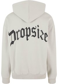 Hooded sweatshirt in light gray, featuring a black stylized text "Dropsize" on the back, with ribbed cuffs and hem. Soft fabric texture.