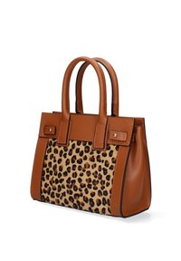 Borsa a tracolla in pelle marrone con un pannello in tessuto leopardato, doppi manici e cuciture nere a contrasto lungo i bordi.