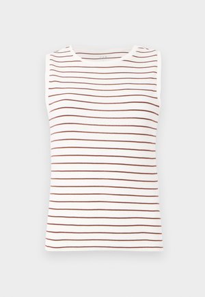 Sleeveless top featuring a white base with brown horizontal stripes, made of soft fabric, with a round neckline and fitted shape.
