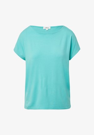 Haut bleu clair à manches courtes en coton doux, avec un col rond et une coupe décontractée. Design simple et sans couture.