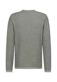Langärmeliger grauer Pullover mit strukturiertem Strickmuster, runder Ausschnitt und schlichtem, sauberen Design. Rückansicht sichtbar.