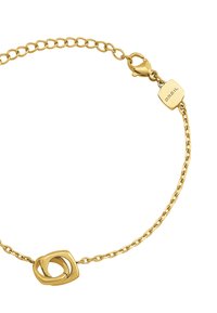 Zlatý náramek s designem oválných článků, hladkým centrálním přívěskem s propletenými tvary a s karabinovým zapínáním se značkovým štítkem.