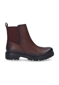 Botas de tobillo de cuero marrón con paneles elásticos a los lados, puntera redondeada y suela de goma texturizada. Incluye una tira para tirar en la parte trasera.