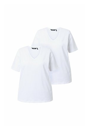 Białe bawełnowe t-shirty z dekoltem w serek i krótkimi rękawami, o gładkiej teksturze, bez widocznych wzorów i ozdób.