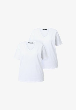White cotton t-shirts with v-neck design and short sleeves, featuring a smooth texture and no visible patterns or embellishments.